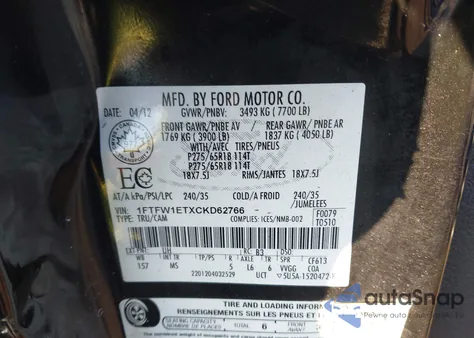 2012 Ford F-150 Xlt from USA, damaged, VIN 1FTFW1ETXCKD62766